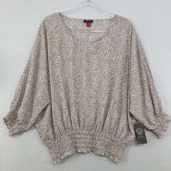 New Vince Camuto size XL Brown Tan Abstract Dolman Sleeve Smocked Waist Blouse - Picture 1 of 12